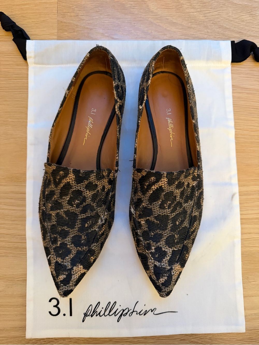 3.1 Phillip Lim Leopard Jacquard Pointed Toe Flats in Black and Gold